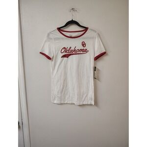 J. America Oklahoma Sooners Womens Ringer Tee White Red Glitter Graphic Shirt L